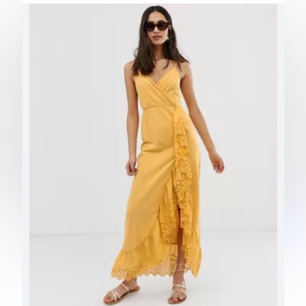 ASOS Broderie Trim Yellow Strappy Ruffle Faux Wrap Maxi Dress Sz 6